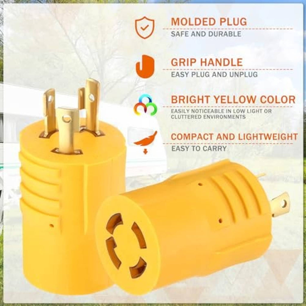 Yellow NEMA generator transfer adapter plug with molded handle and 3-prong/4-prong ends