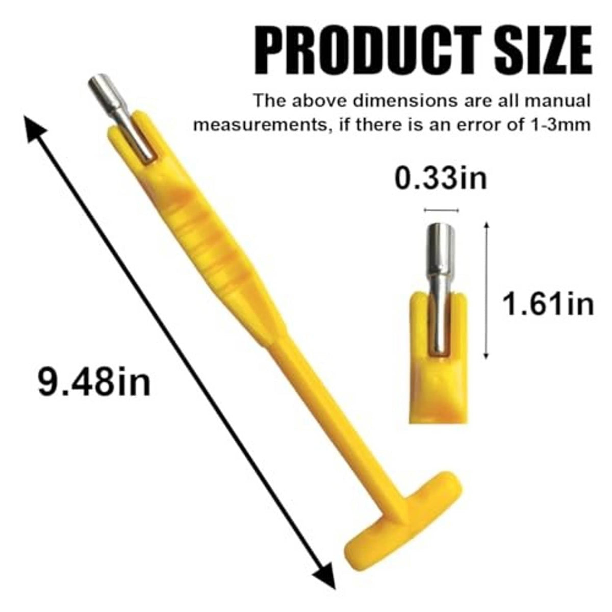 Yellow T-handle valve stem tool with metal tip shown on size diagram