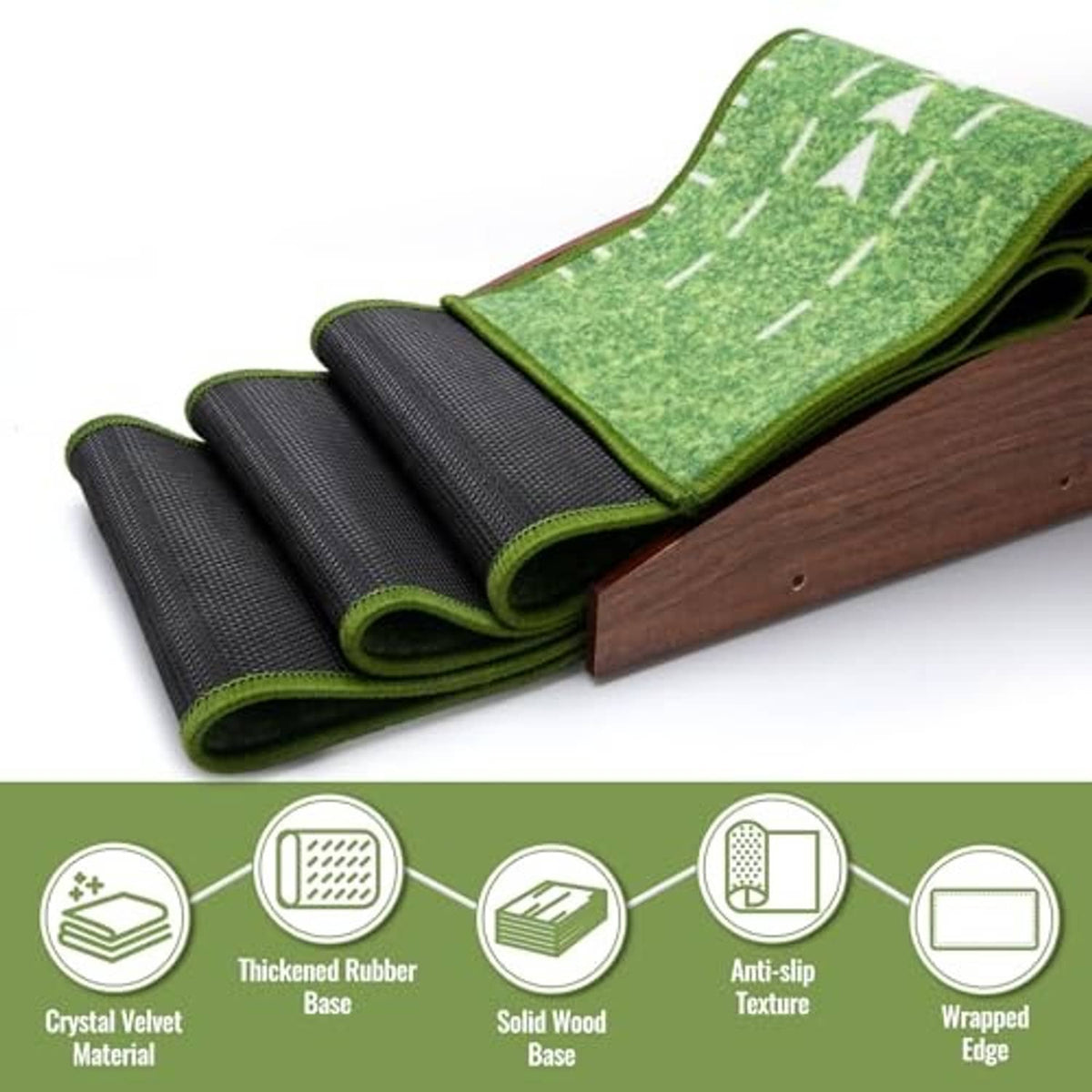 Rolled indoor putting mat with green turf surface, dark rubber base, and wooden edge