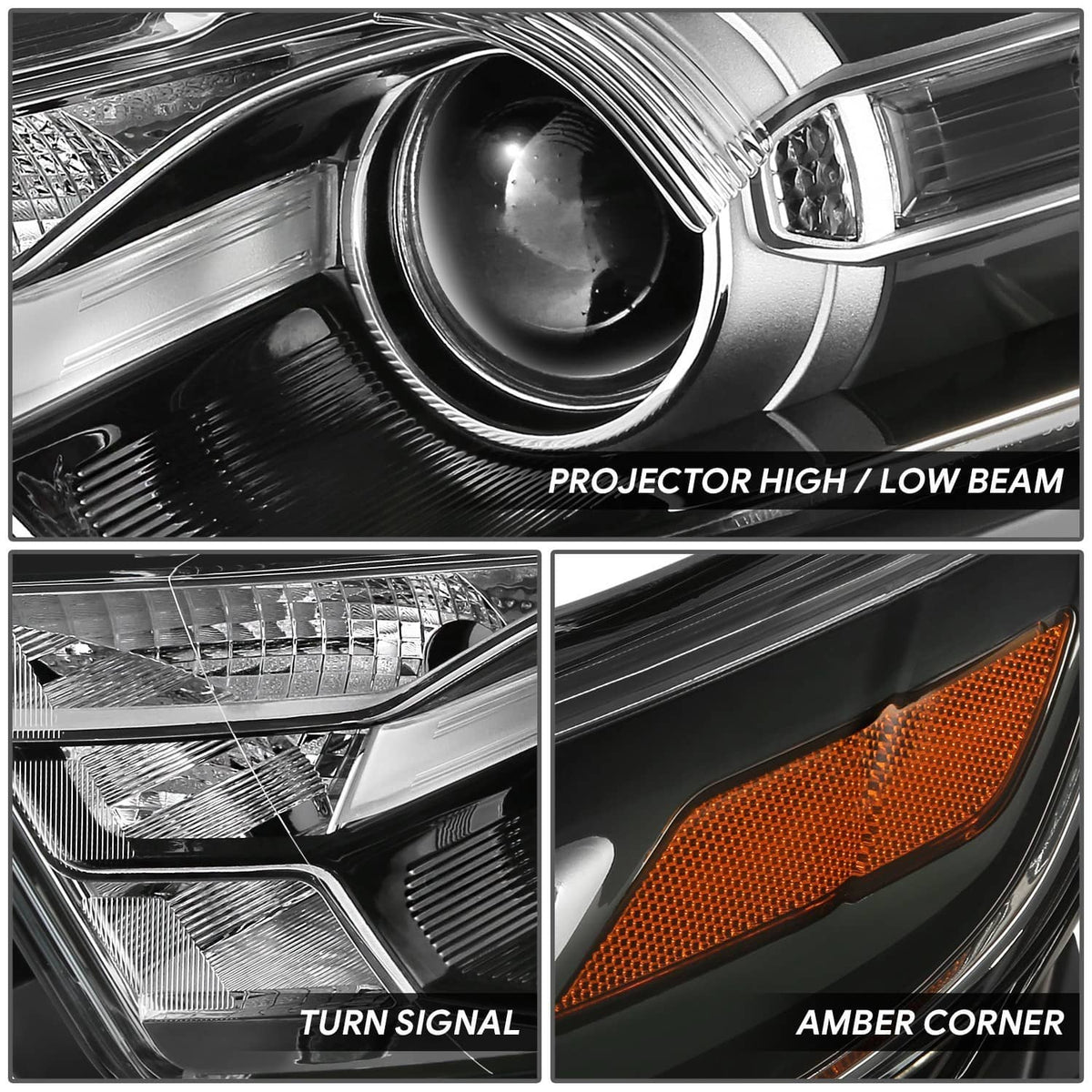 Close-up of projector high/low beam lens with turn signal and amber corner sections