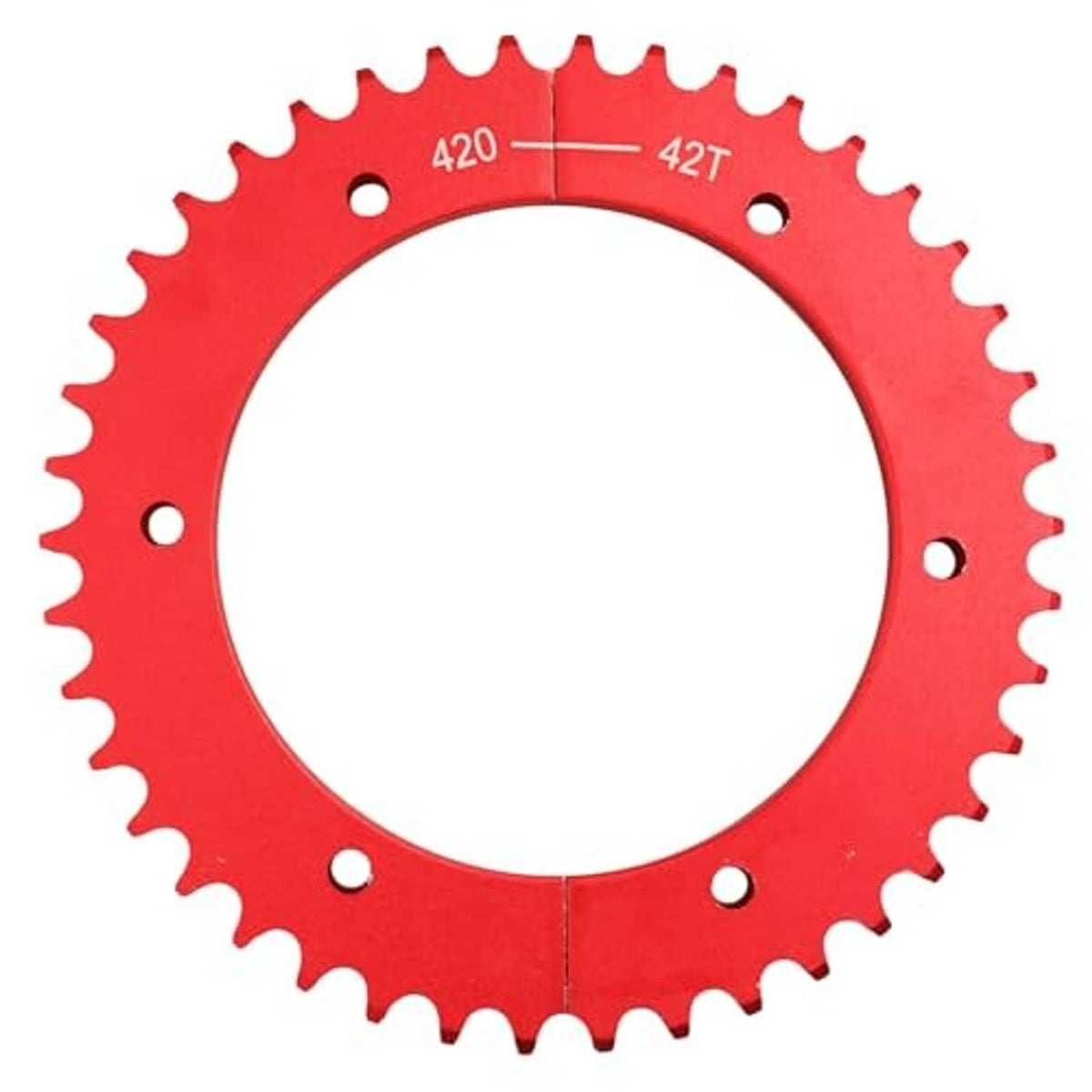 Red circular 420 chain split sprocket gear, 42T marking, with bolt holes