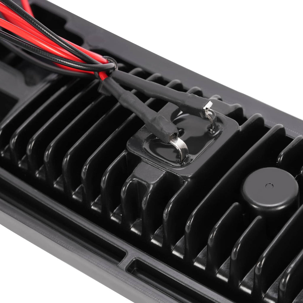 Close-up of LED light bar heatsink fins and mounting hardware