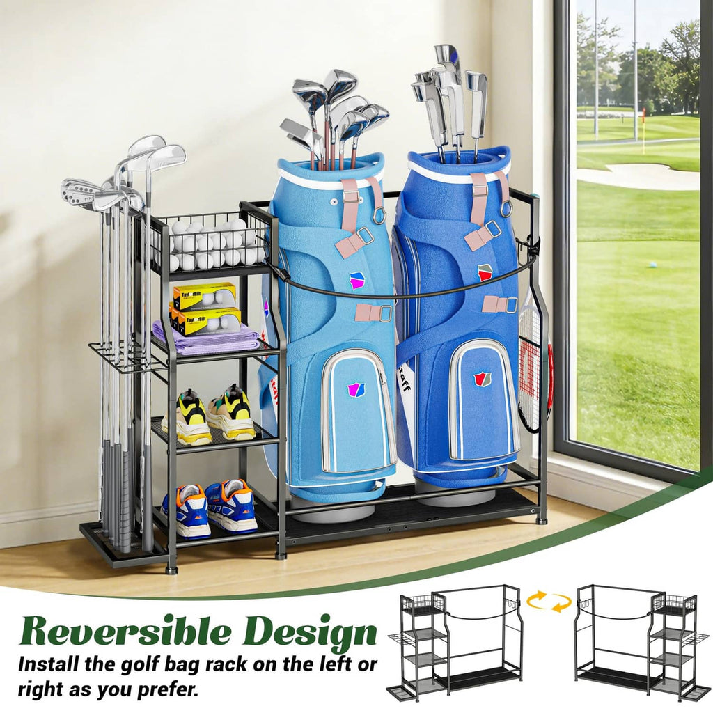 Golf bag storage organizer stand with two blue golf bags and accessory shelves