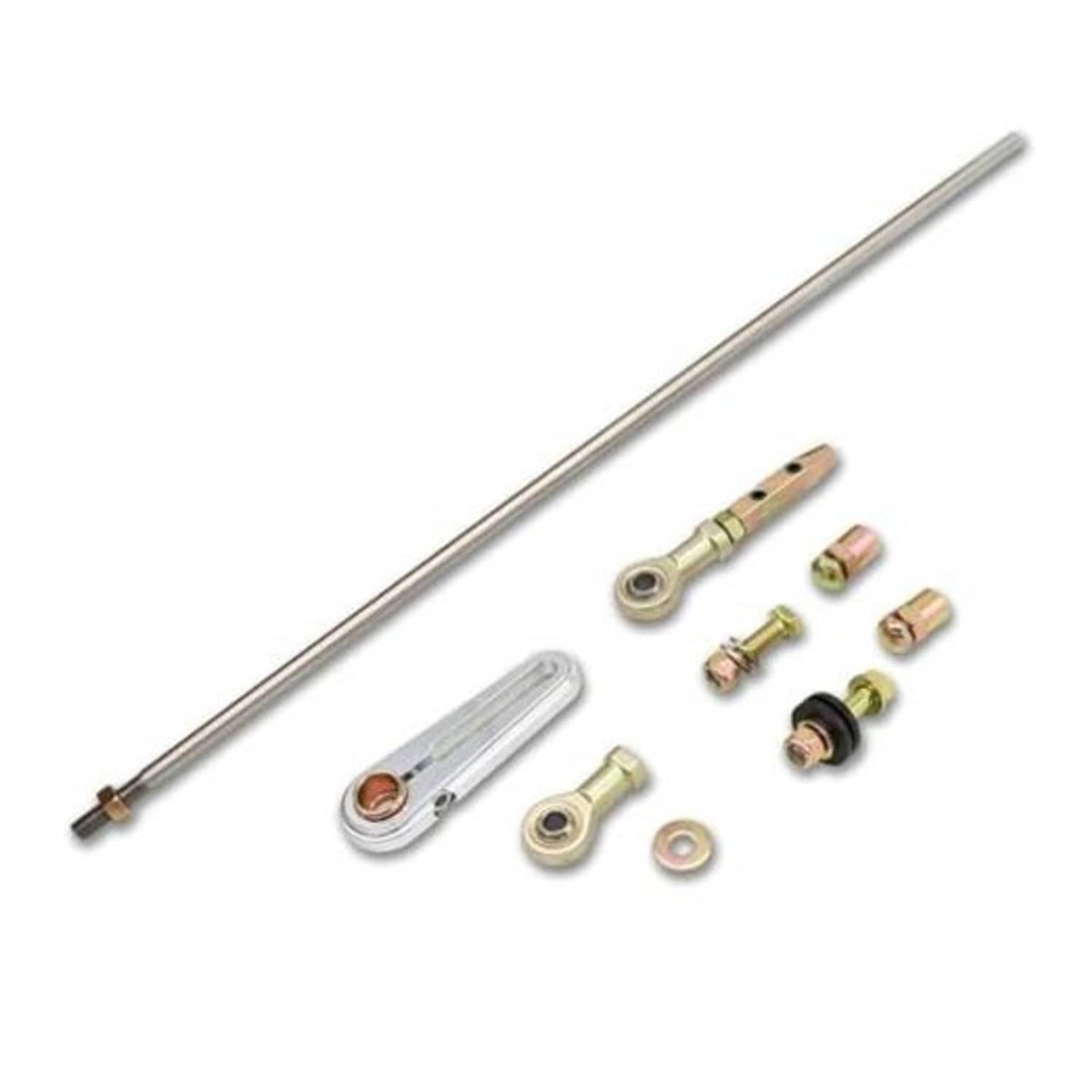 Adjustable column shift linkage kit with long steel rod and assorted mounting hardware