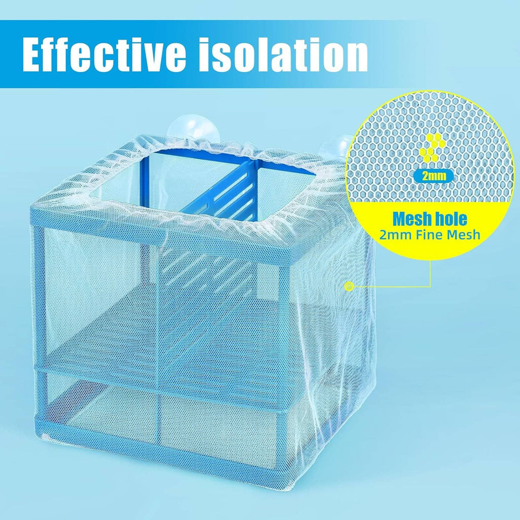 Blue mesh aquarium fry breeder net with fine mesh pattern and frame