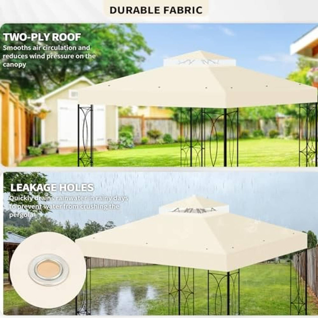Beige double-tier gazebo top canopy cover with water-drain grommet holes visible