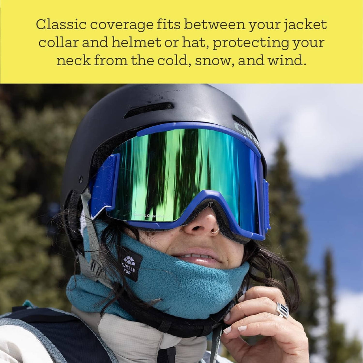 Fleece neck warmer, blue, worn under helmet as face and neck cover