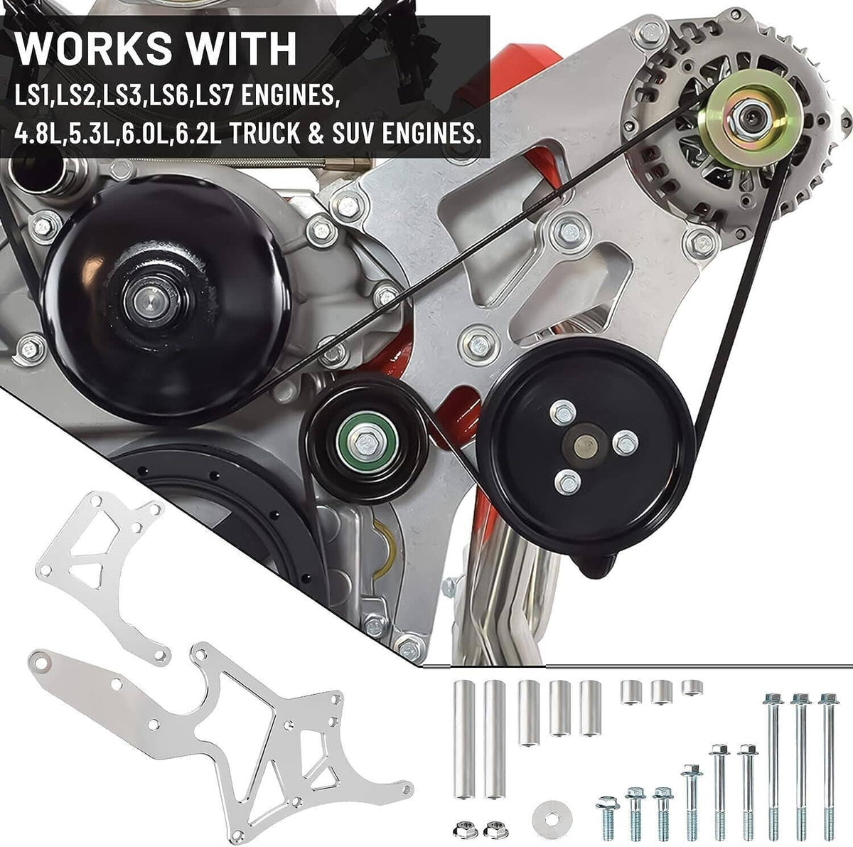 Silver aluminum serpentine bracket kit with pulleys and mounting hardware