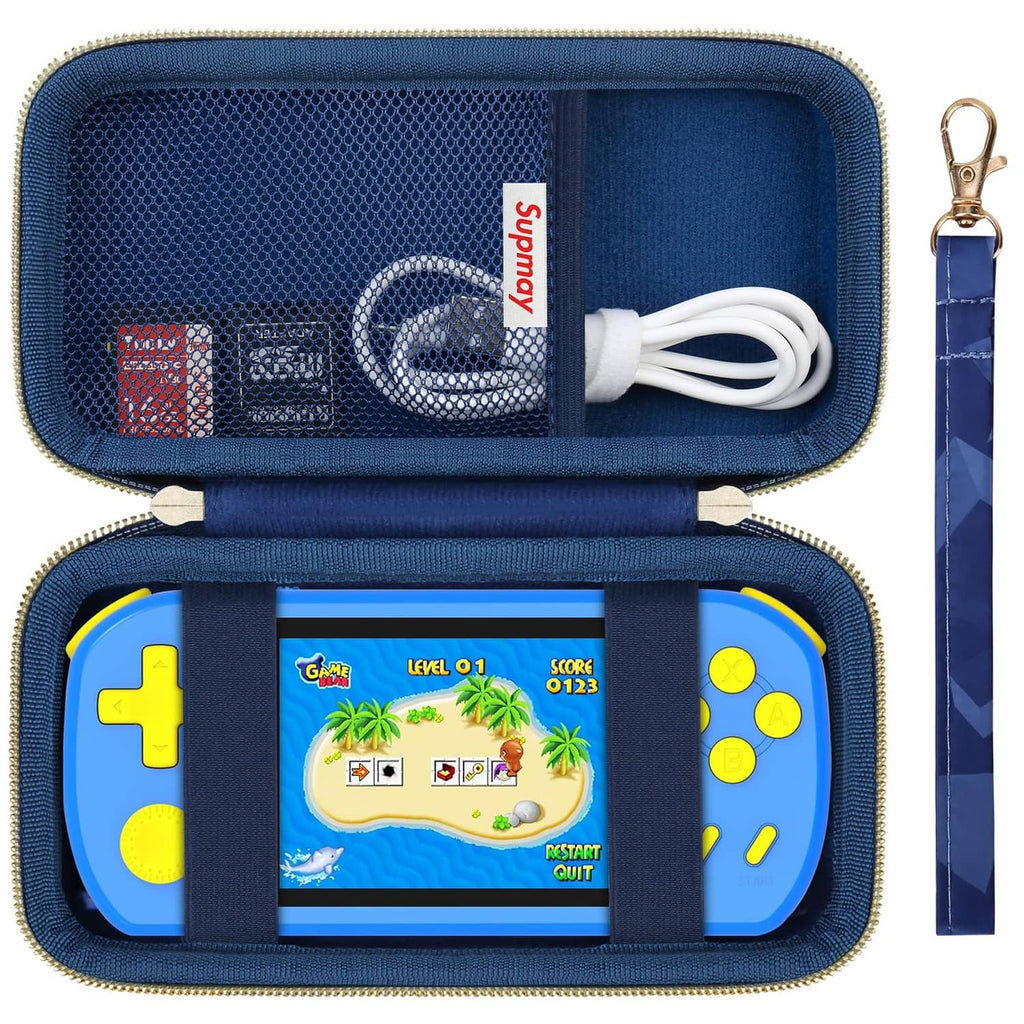 Blue zippered carrying case with mesh pocket and cable storage, opened view