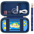 Blue zippered carrying case with mesh pocket and cable storage, opened view