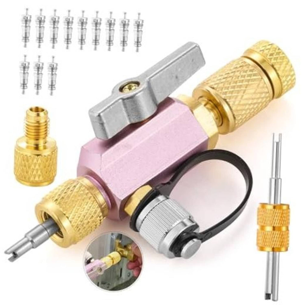 Dual-head valve core removal tool with gold brass ends, pink body, and metal adapters