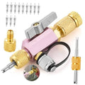 Dual-head valve core removal tool with gold brass ends, pink body, and metal adapters