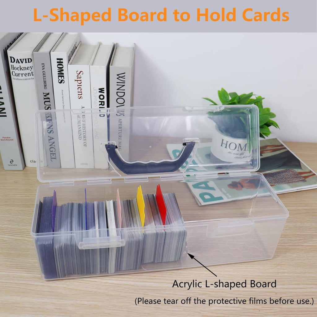 Clear plastic card storage box with L-shaped insert board and top loader cards