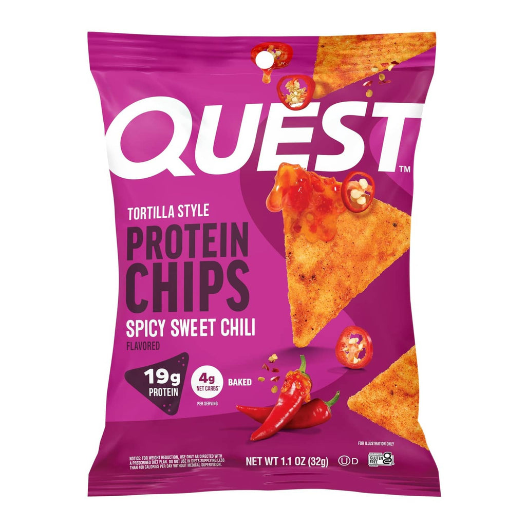 Quest tortilla style protein chips bag, spicy sweet chili flavor