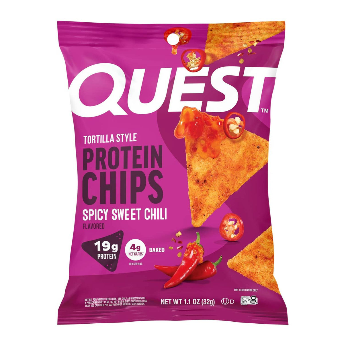 Quest tortilla style protein chips bag, spicy sweet chili flavor