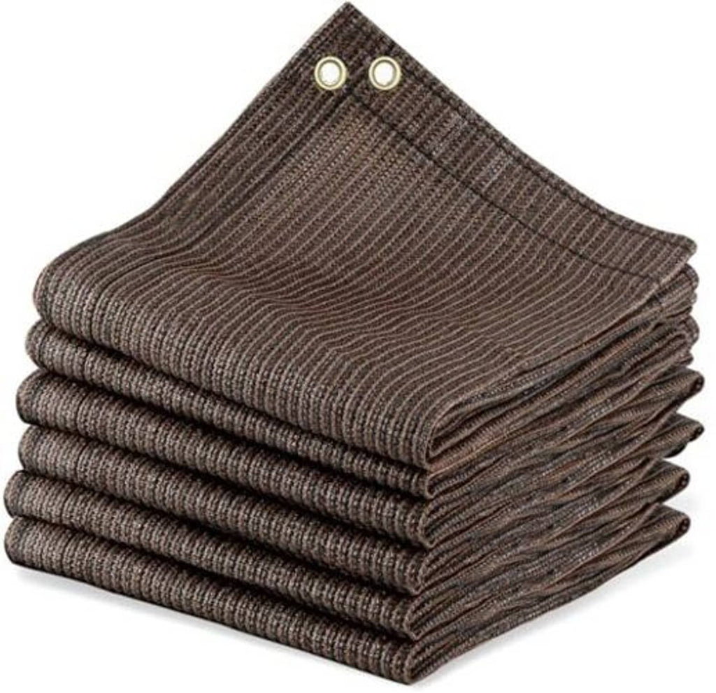 Mocha brown sun shade cloth folded stack with reinforced grommet holes, textured weave mesh