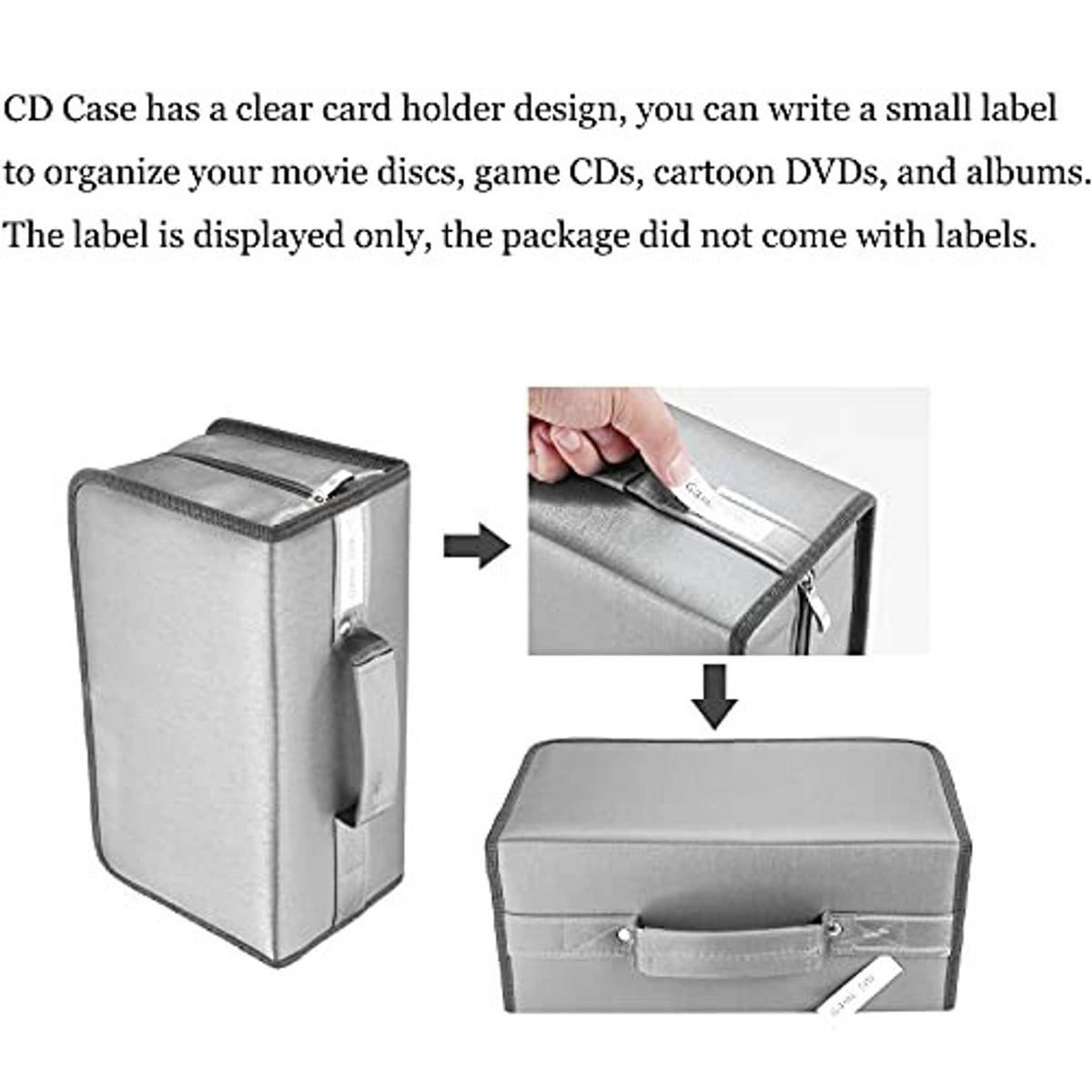 Grey CD/DVD case with clear card holder window and zipper closure for labels
