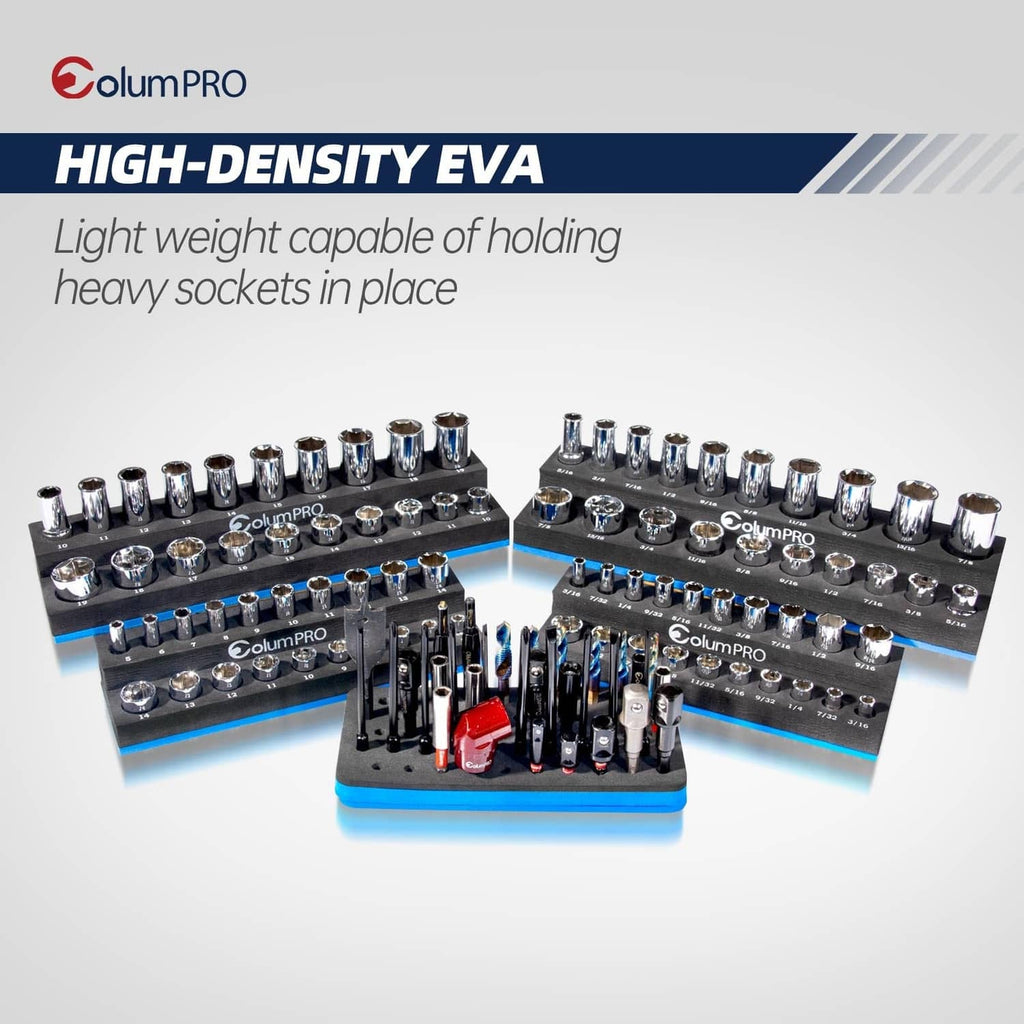 Black EVA foam socket organizer holding chrome sockets in three rows