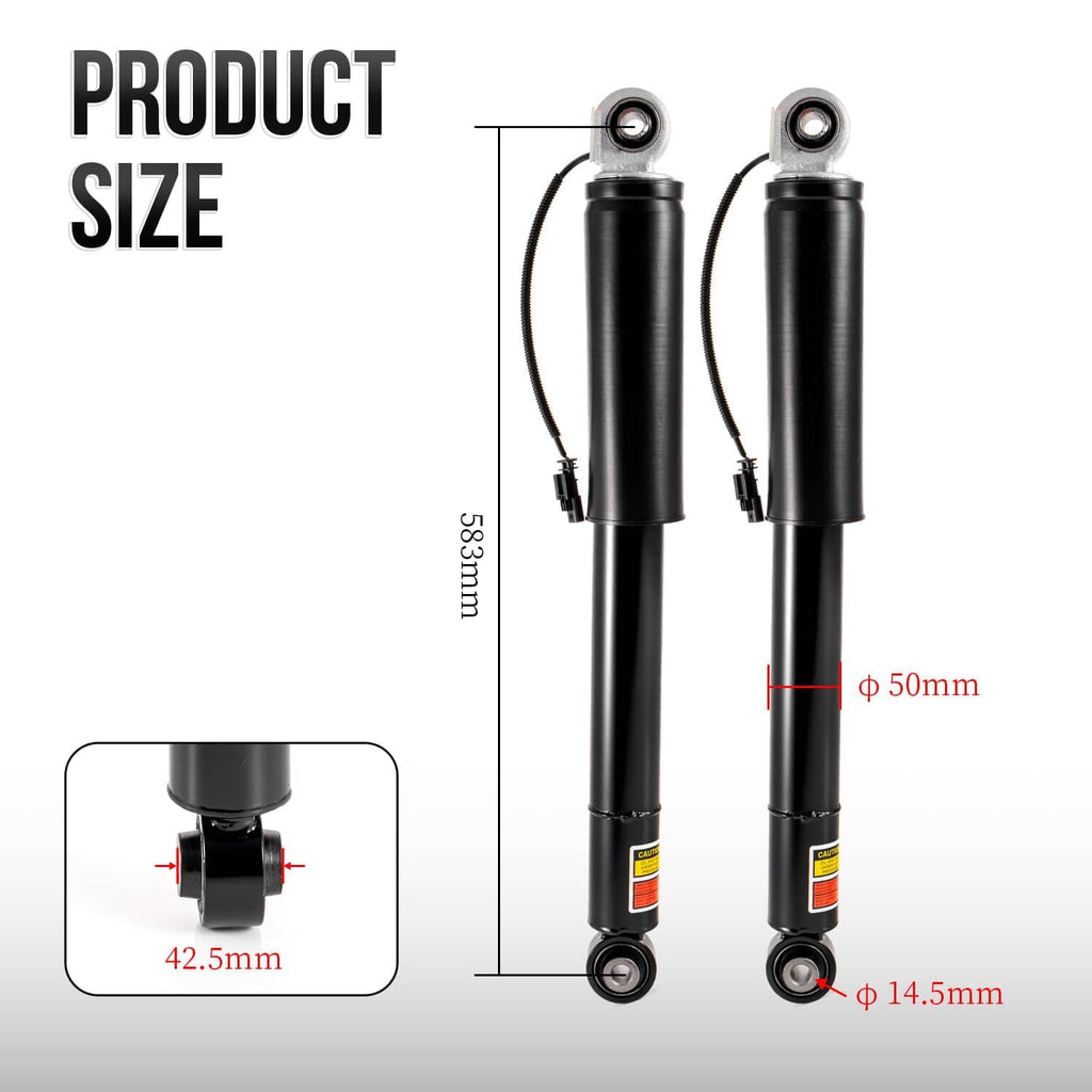 Two black rear shock absorbers shown upright with mounting eyes and size dimensions
