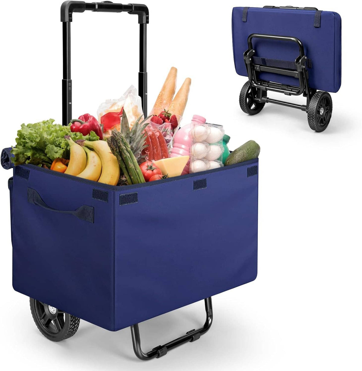 Blue folding shopping cart with waterproof basket, black frame, four wheels, groceries inside