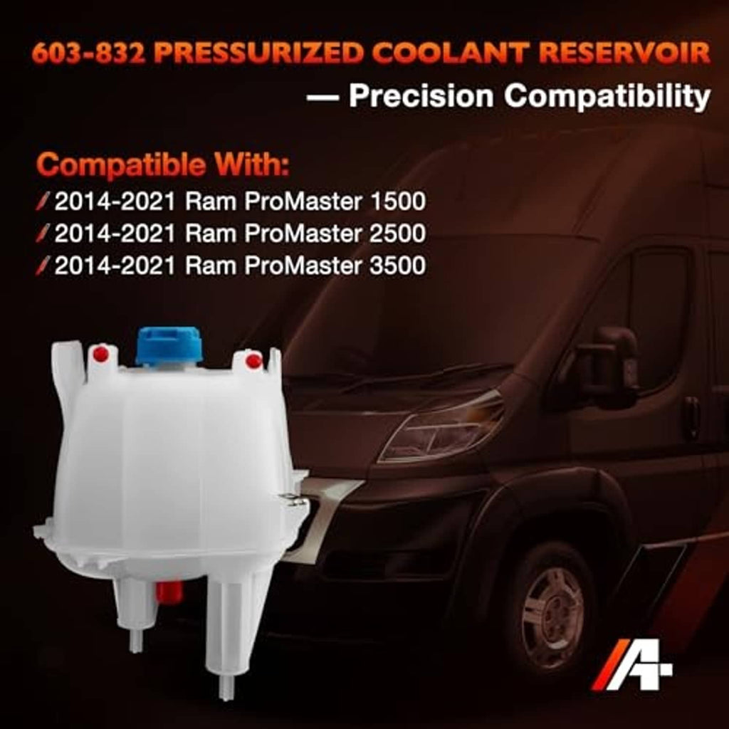 White coolant reservoir with blue cap and red plugs, compact engine recovery tank