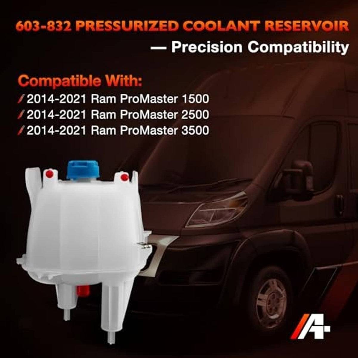 White coolant reservoir with blue cap and red plugs, compact engine recovery tank