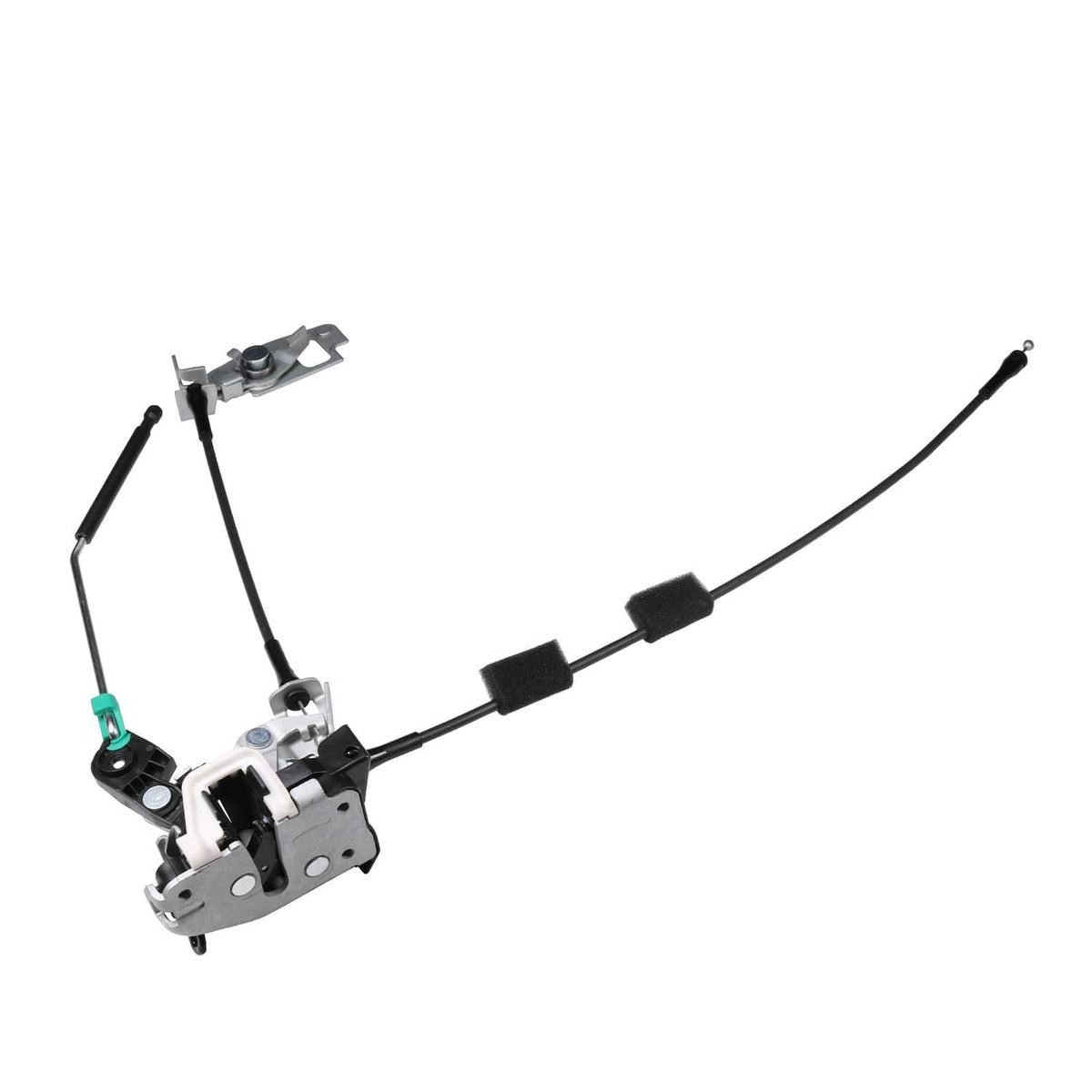 Rear cargo door latch assembly with actuator and cable harness, showing component layout