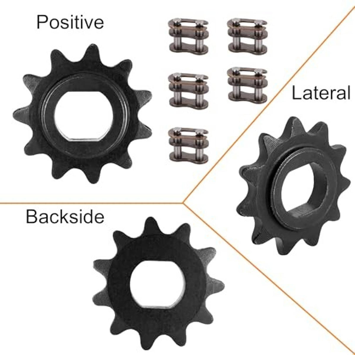 Black motor sprocket gear set showing side and back views, toothed outer ring