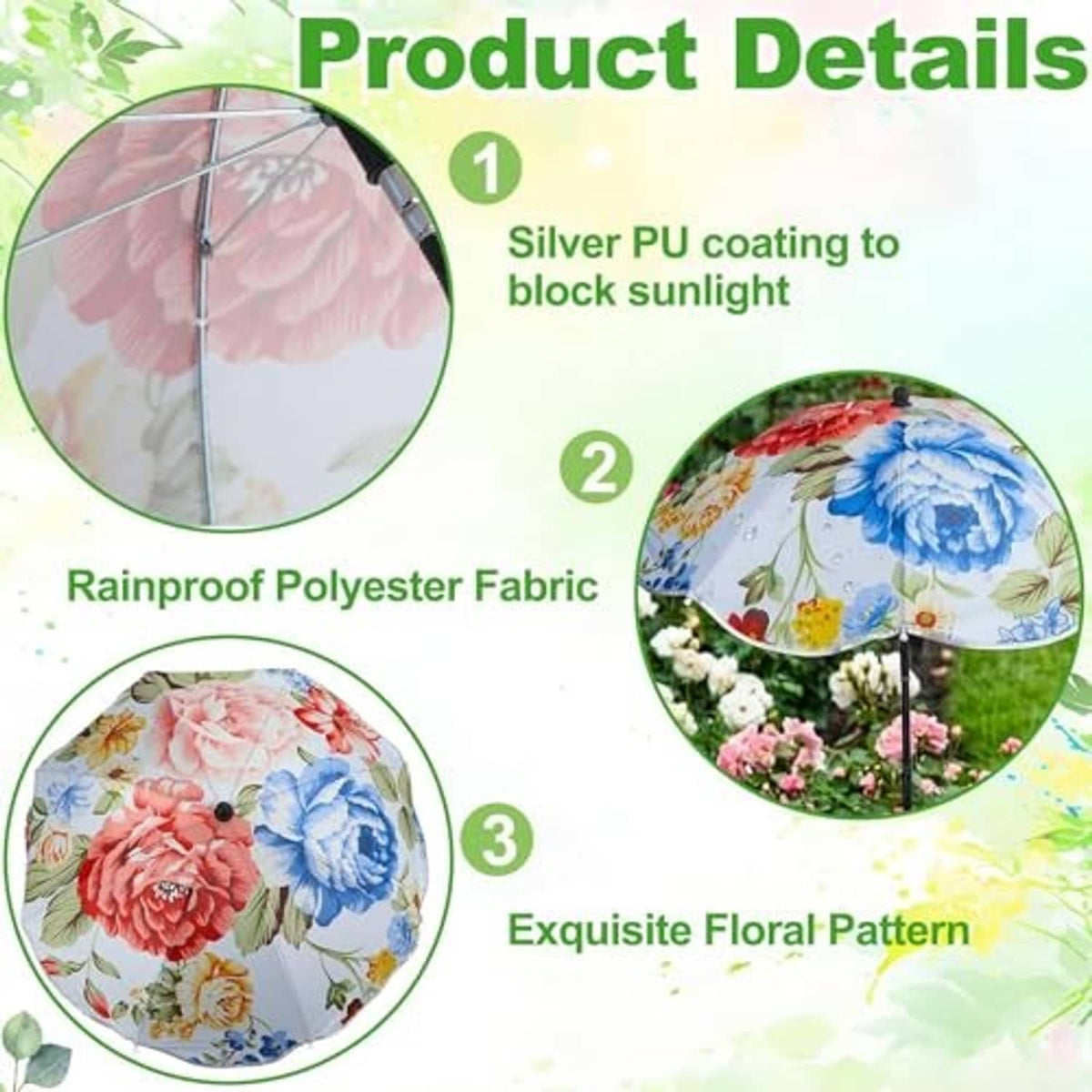 Floral plant umbrella fabric close-up with silver PU coating detail