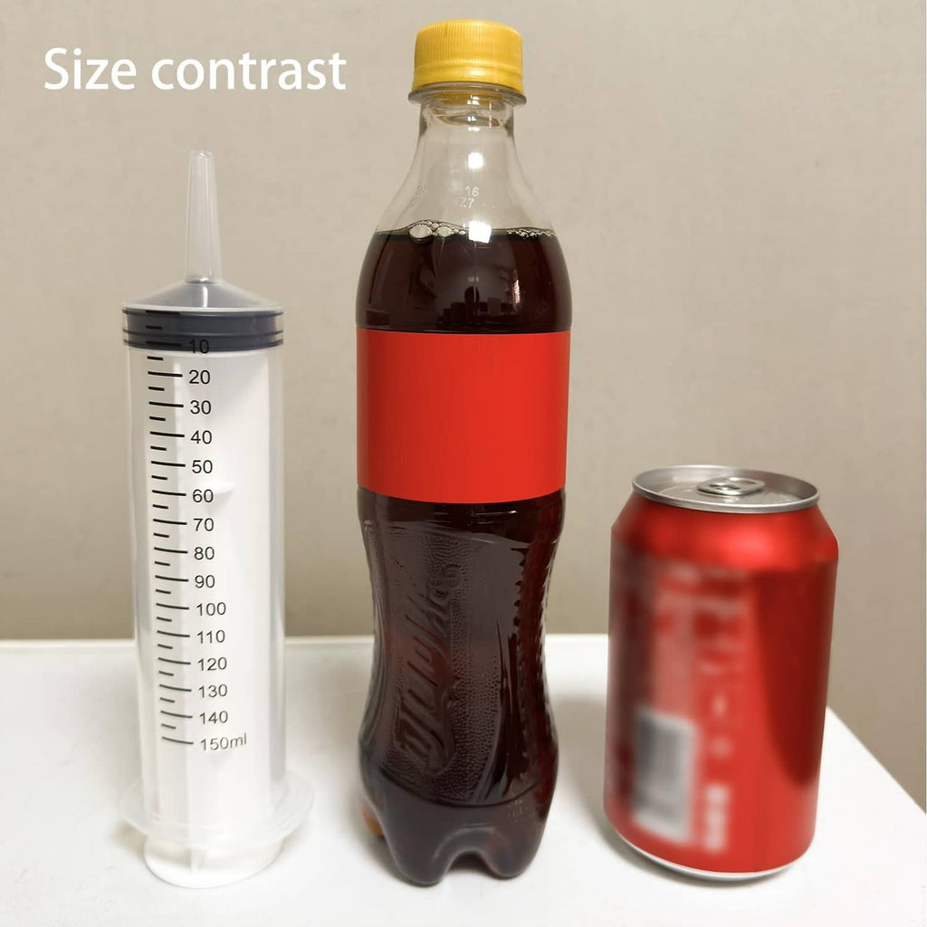 Clear 150 ml syringe with black measurement markings and white plunger, upright
