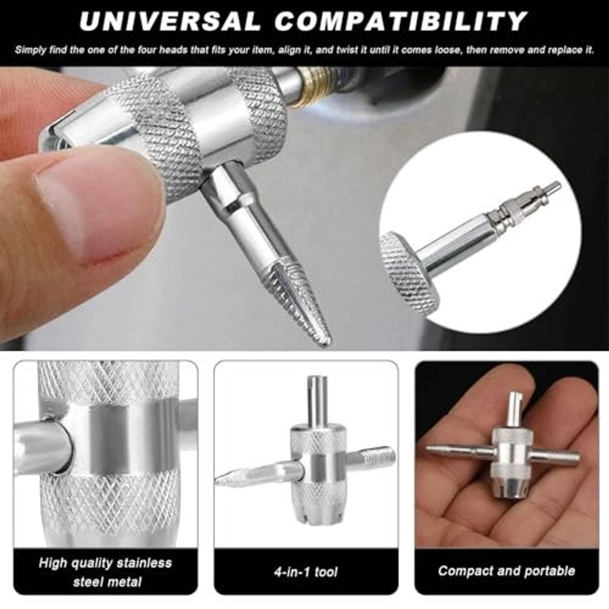 Metal valve core wrench set with textured knurled grip, compact 4-in-1 tool, 2 pcs