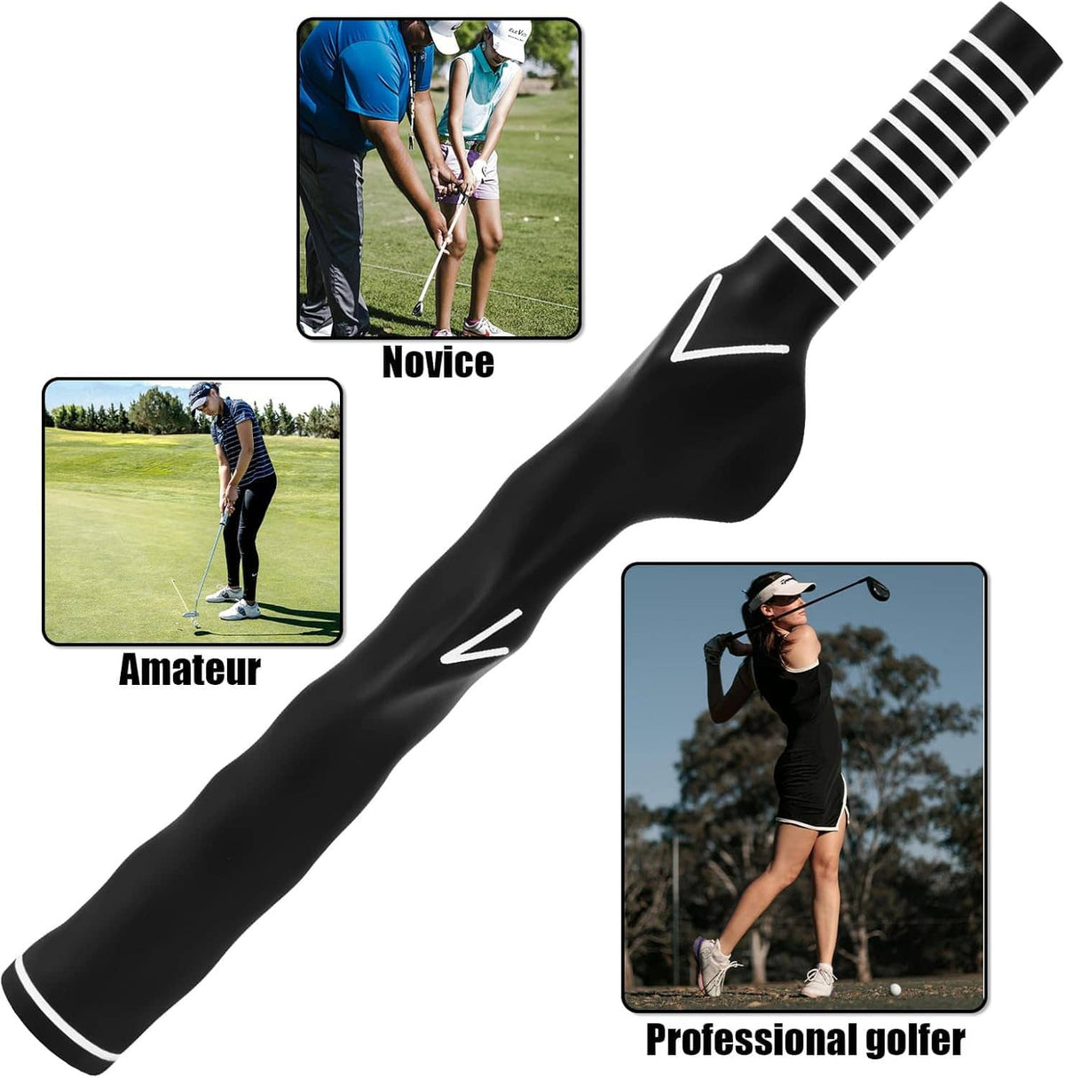 Left-handed golf training grip, black anti-slip rubber with zebra stripe pattern sleeve.