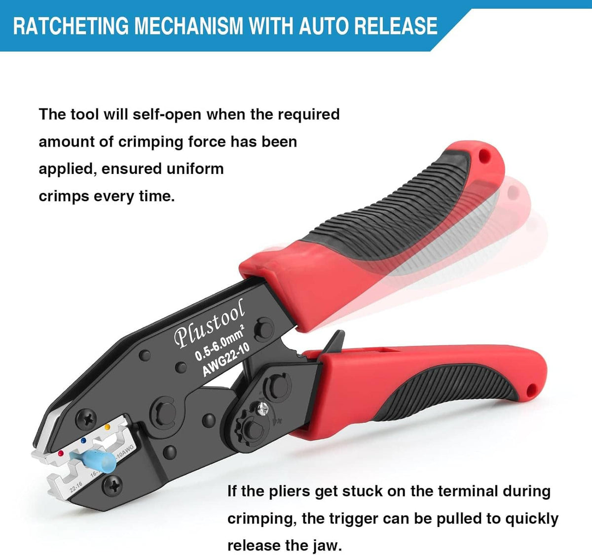 Red ratcheting wire crimper with auto-release trigger and quick pull lever
