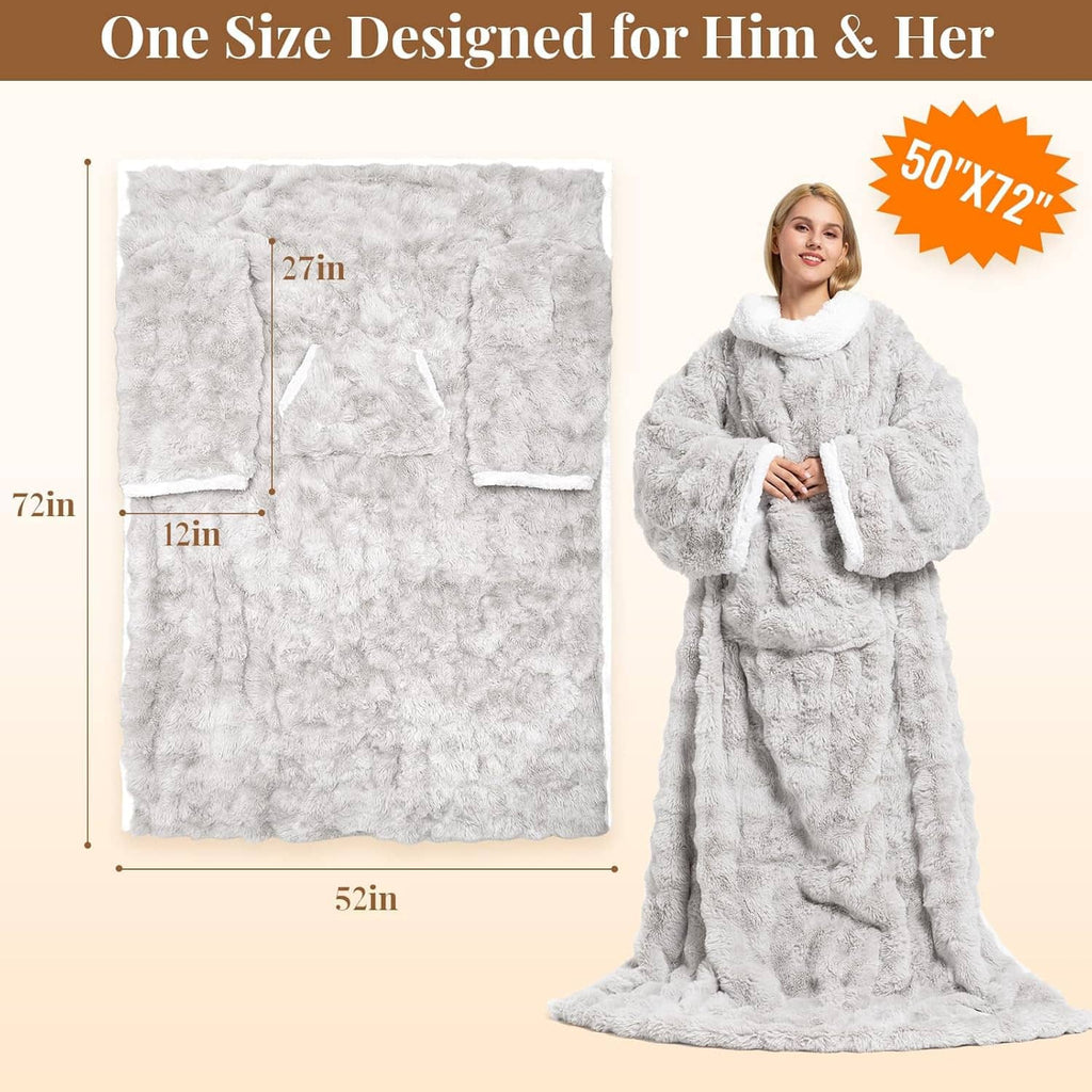 Light gray faux fur heated blanket with hood and sleeves, plus folded throw layout
