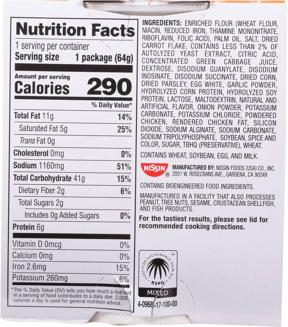 Nissin Cup Noodles chicken flavor nutrition facts and ingredients label