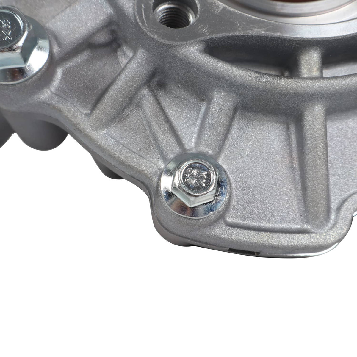 Rear differential gear case with mounting bolt and machined metal surface, silver