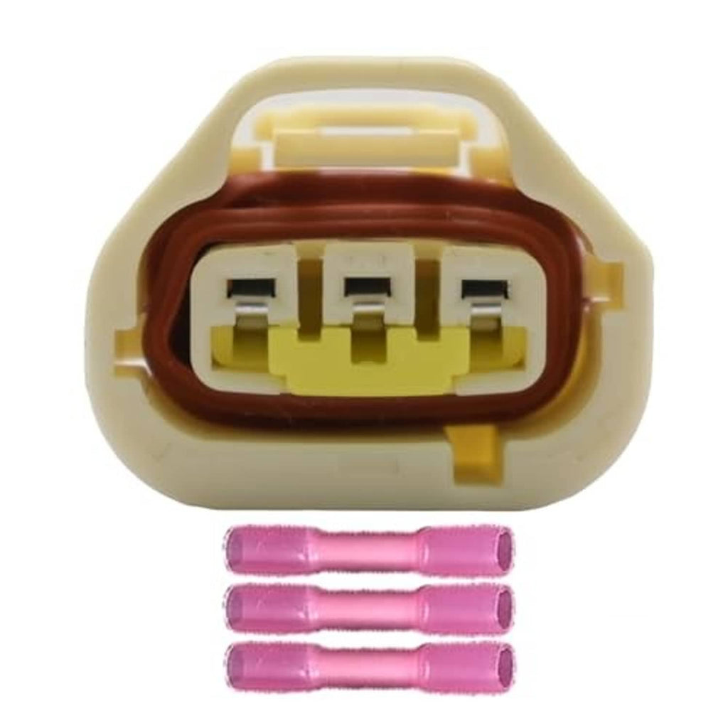 Throttle position sensor connector, 3-pin plug view with beige housing and pink terminal seals