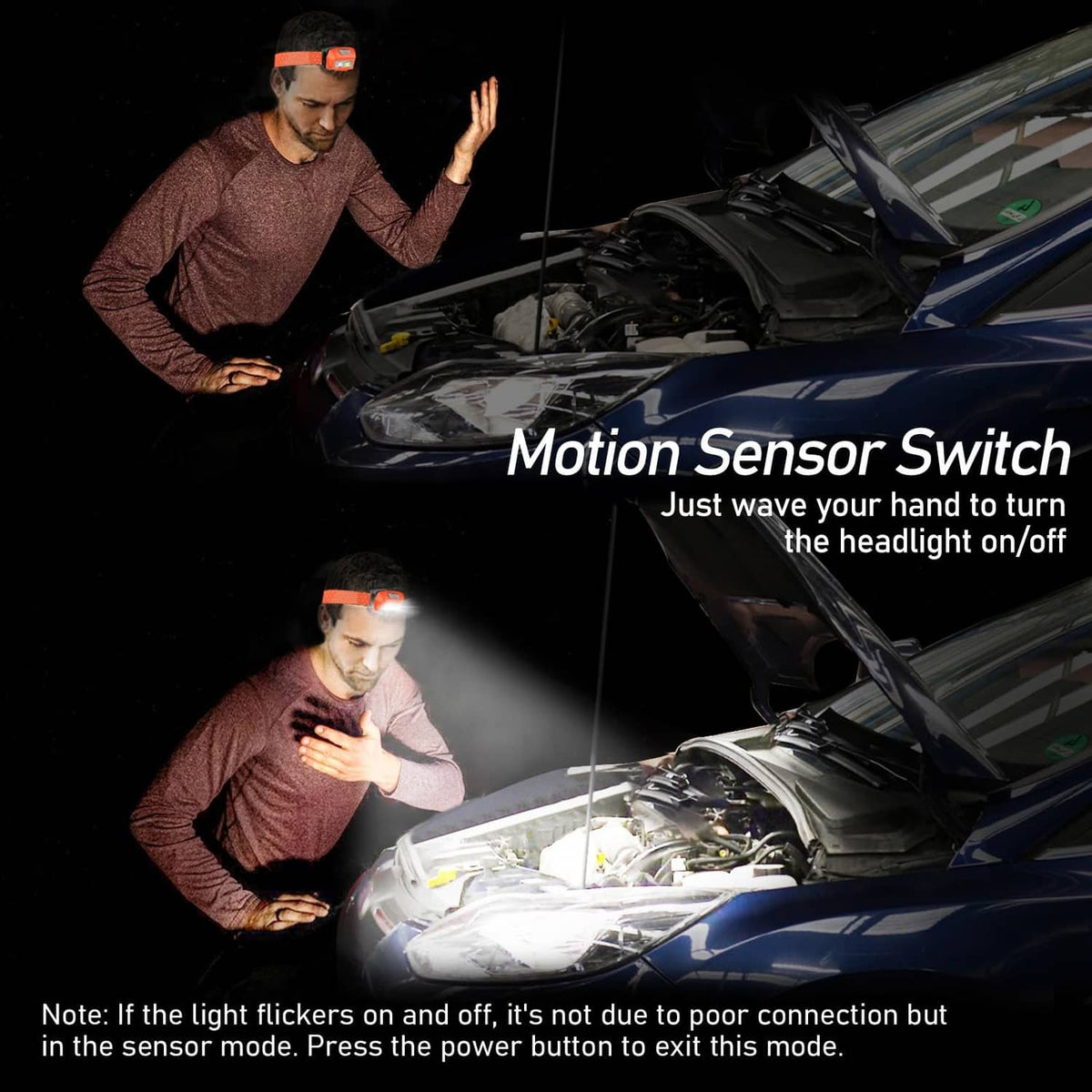 Orange LED headlamp with motion-sensor control near car engine, bright front light