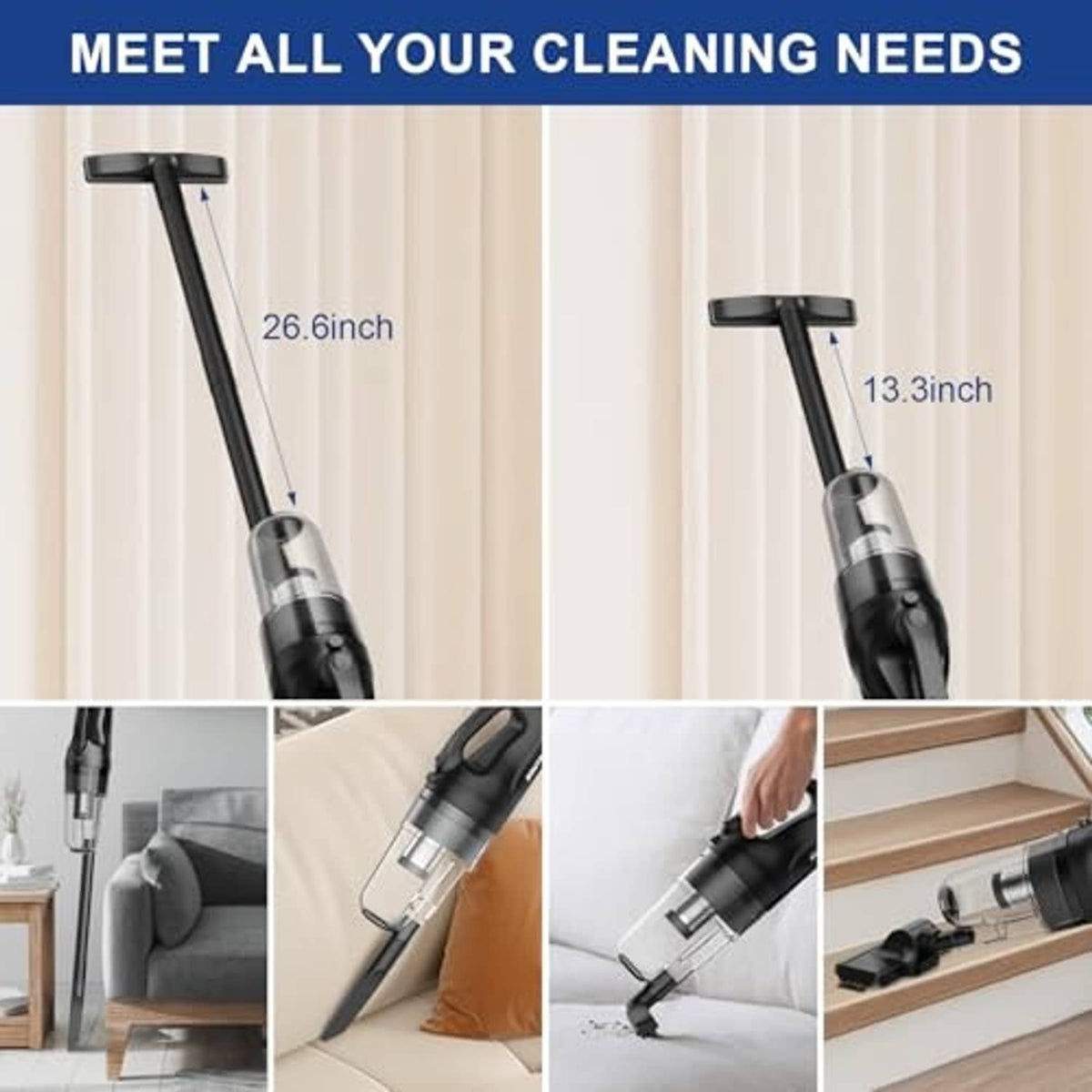 Corded stick vacuum cleaner with slim wand and multiple cleaning head attachments.