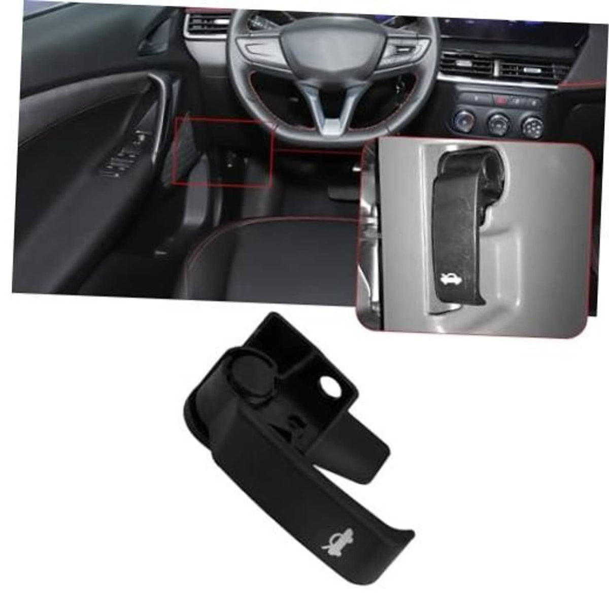 Black hood release pull handle replacement with molded hood icon, side view shown
