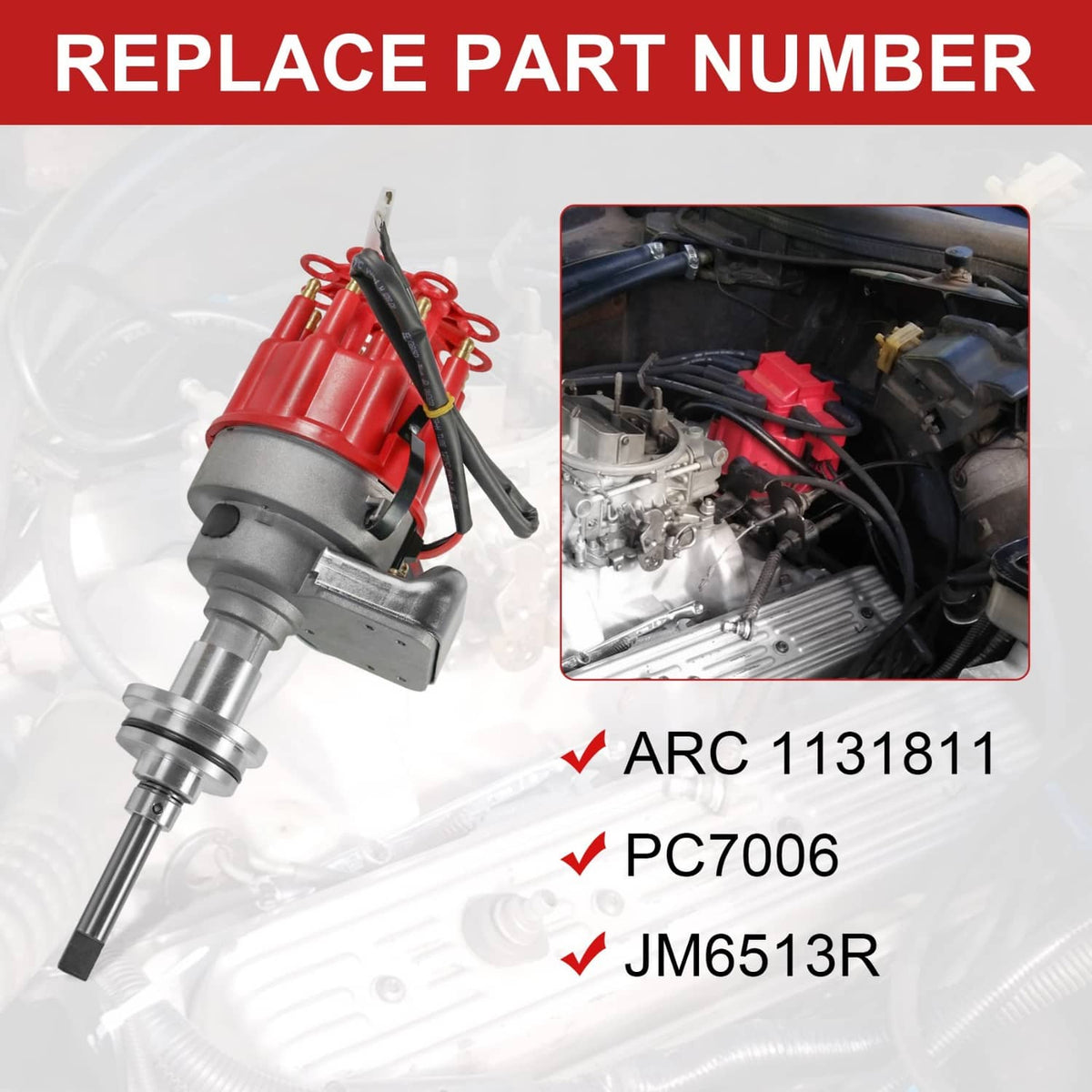 Electronic distributor replacement part with red cap and silver body, side view
