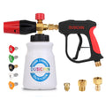 Foam cannon pressure washer spray gun kit with bottle, red nozzle tip, and brass connectors