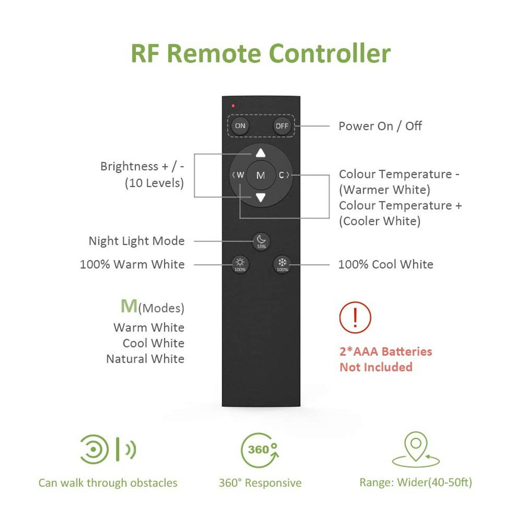 RF remote controller diagram with brightness and warm-to-cool temperature buttons