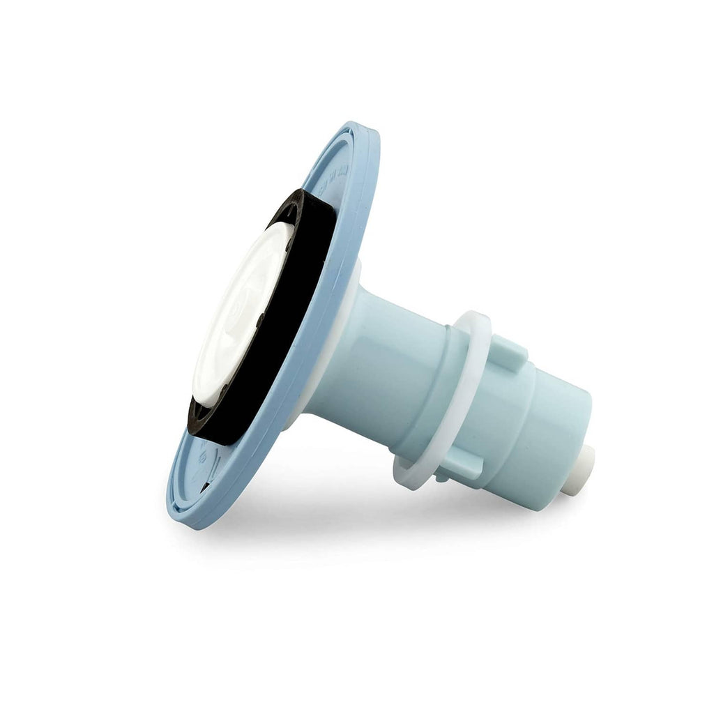 Light blue flush valve with white diaphragm end and side spout