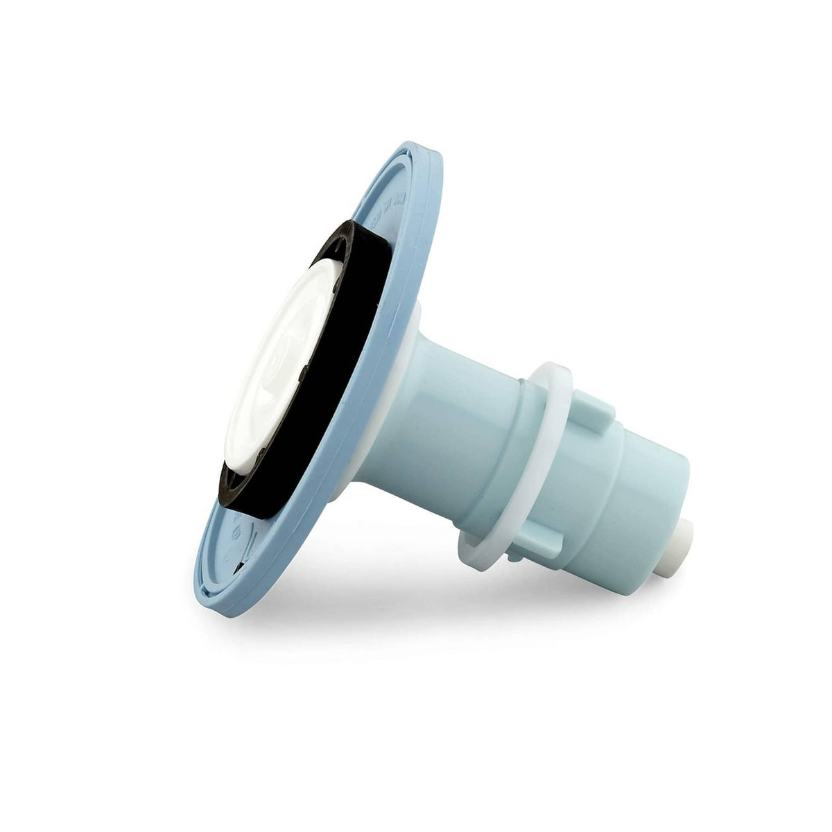 Light blue flush valve with white diaphragm end and side spout