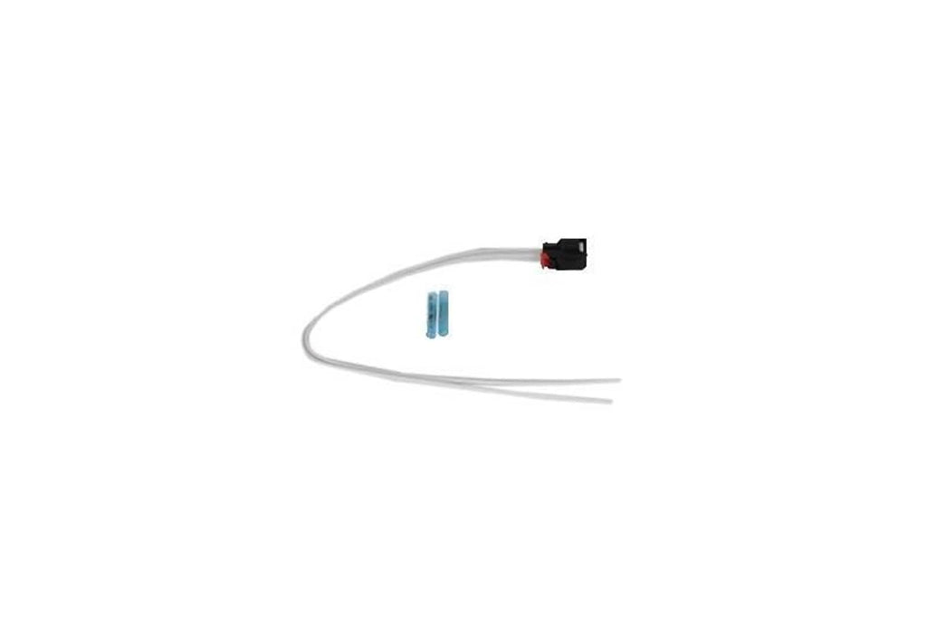 Black connector pigtail with two white wires and small blue terminal