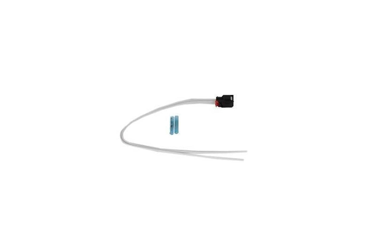 Black connector pigtail with two white wires and small blue terminal