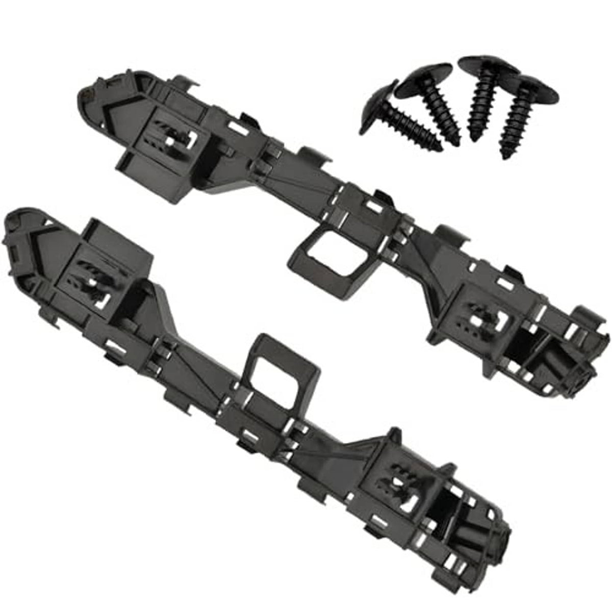 Left and right front bumper bracket pair, black plastic, with mounting points