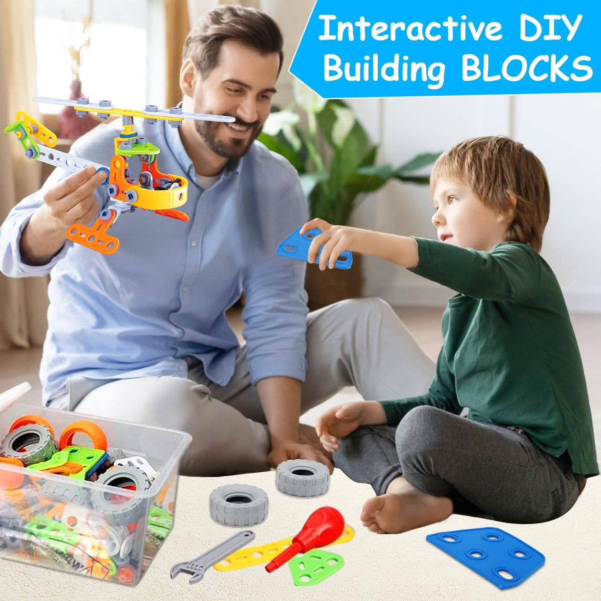 Multicolor STEM building toy set with assembled helicopter and building parts
