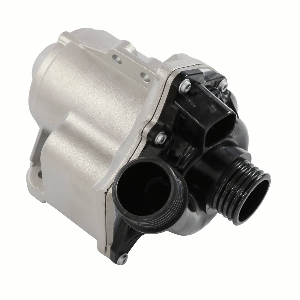 Electric water pump, side view, silver casing with black inlet and outlet connectors